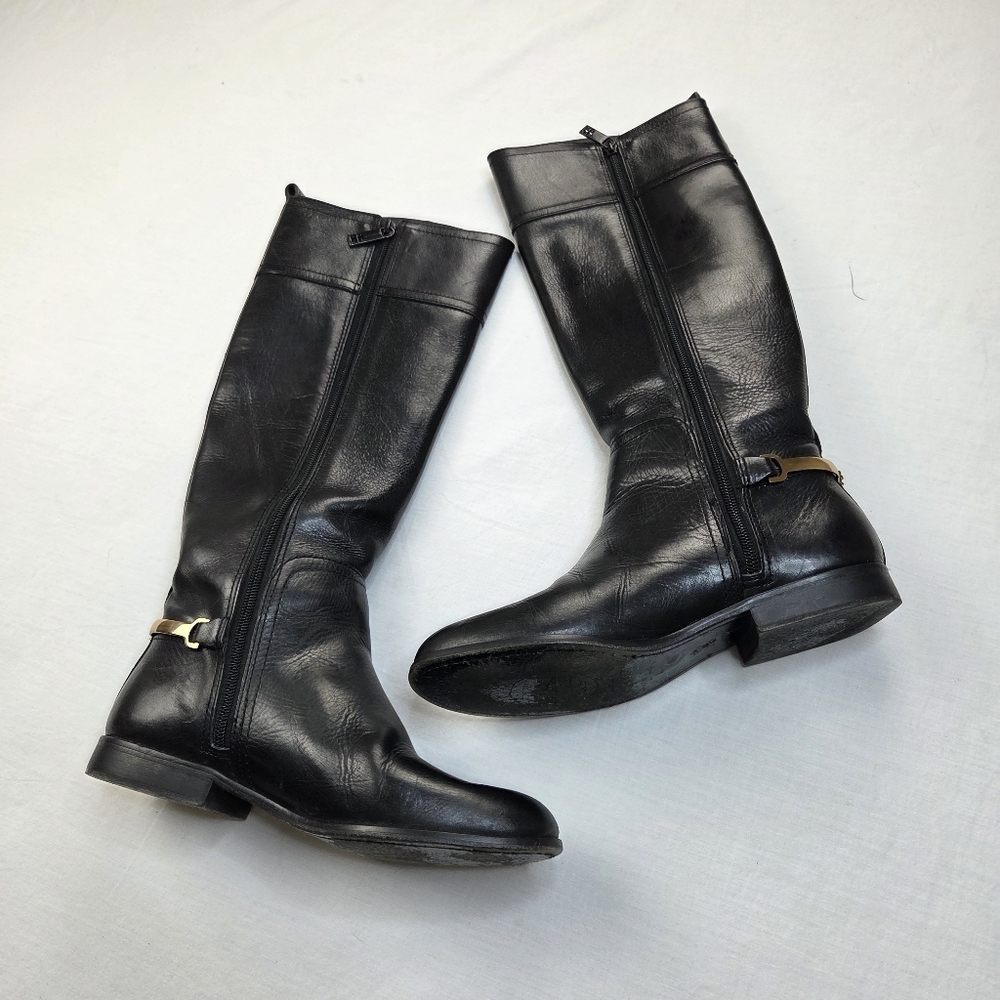 Tory Burch Black Leather Riding Boots 7.5M Gold Logo Hardware Equestrian Tall - Picture 3 of 15